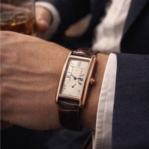 Classic Rectangular Rose Gold Watch with Brown Leather Strap